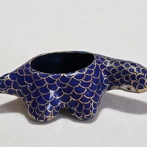 Vintage Blue Gold Turtle Planter • Cloisonné Style Ceramic Coastal Decor